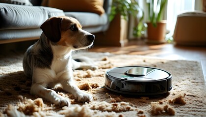 Wall Mural - Relaxed dog enjoys cozy home ambiance while a modern robot vacuum tidies up pet fur and debris nearby