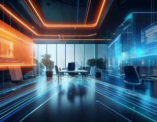 Abstract futuristic interface with glowing blue and orange lines overlayed on a modern office setting.