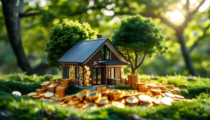 Wall Mural - Sustainable Wealth: A Miniature Eco-Friendly Home Surrounded by Lush Greenery and Piles of Gold Coins