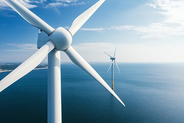 Wind turbines over calm ocean with blue sky