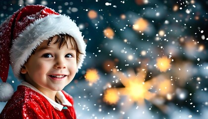 Wall Mural - Joyful little boy in Christmas hat surrounded by sparkling snowflakes and stars, radiating happiness during the festive season