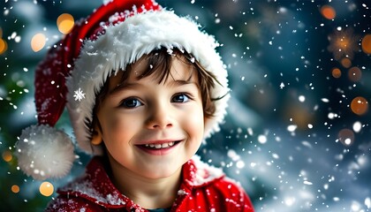 Wall Mural - Joyful little boy in Christmas hat surrounded by sparkling snowflakes and stars, radiating happiness during the festive season