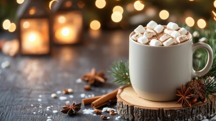 Sticker - Cozy hot chocolate with marshmallows surrounded by winter decorations and warm lights