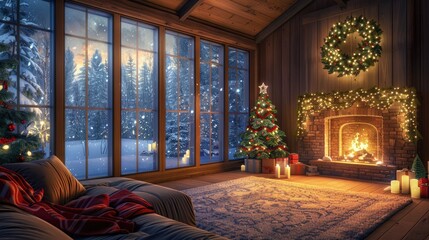 Canvas Print - A cozy cabin interior with large windows overlooking the snow-covered forest