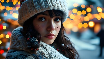 Winter girl in woolen hat surrounded by Christmas ornaments, cityscape adorned with vibrant holiday lights in a dreamy blur