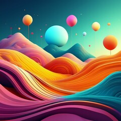 Canvas Print - Abstract landscape with colorful hills and floating spheres.