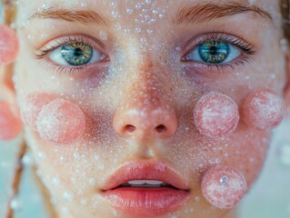 Wall Mural - Close-Up Portrait of a Young Woman with Glowing Skin and Bubbles