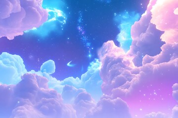 Canvas Print - Fantasy Sky with Clouds, Stars and Blue and Purple Gradient