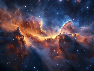 A vibrant nebula in space, glowing with fiery orange and yellow hues against a backdrop of countless stars.