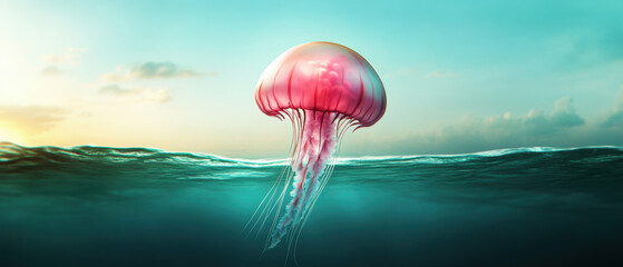 A jellyfish is floating in the ocean