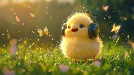 Adorable fluffy chick wearing headphones, enjoying music in a sunny meadow surrounded by butterflies and sparkles.