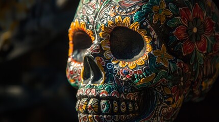 Color photograph of a Mexican catrina colored in red lilac blue and yellow. The skull is looking to the right. Black background