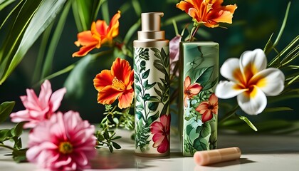 Poster - Vibrant floral and herbal design on a luxurious hand cream tube representing natural, organic skincare elements for eco-conscious beauty enthusiasts