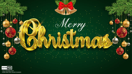 Wall Mural - Merry Christmas gold text effect vector with Christmas jingle bell and glitter background