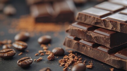 Sticker - Decadent dark chocolate pieces with coffee beans and cocoa sprinkled on a rustic table