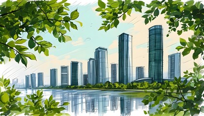 Wall Mural - Contrast of Nature and Urban Architecture: Artistic Sketch of Green Foliage and Modern High-Rise Silhouette