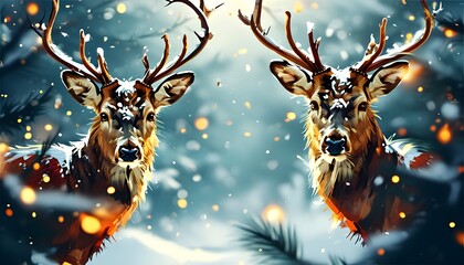 Wall Mural - Charming winter postcard featuring two elegant deer in a festive landscape, celebrating Christmas and New Year with an abstract design and space for personalized text