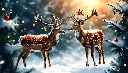 Charming winter postcard featuring two elegant deer in a festive landscape, celebrating Christmas and New Year with an abstract design and space for personalized text