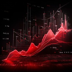 Abstract red financial data and charts falling on black background