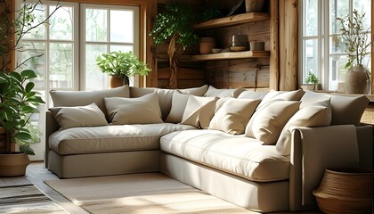 Wall Mural - Charming cozy living room with beige sofa, plush cushions, rustic wooden decor, indoor plants, and a bright window enhancing the inviting atmosphere