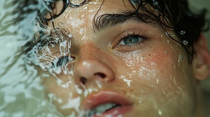 Wall Mural - Close Up Portrait of a Young Man Submerged in Water