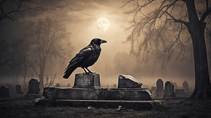 Wall Mural - Crow sitting tombstone in the foggy spooky graveyard with full moon behind, Halloween or Friday the 13th concept.