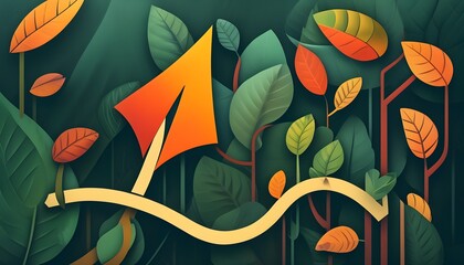 Artistic visualization of decision making with stylized arrows rising from lush foliage, embodying growth and the organic flow of choices.