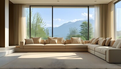 Bright and airy modern living room featuring beige sofas and cushions, minimalist decor, and stunning views from large windows