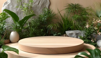 Wall Mural - Sustainable wooden podium for eco product display surrounded by plants, stone materials, and relaxation ambiance with ample copy space.