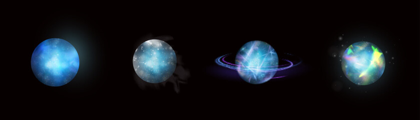 Poster - Set of sphere icons with liquid texture of planet surface. Vector spatial horizontal illustration of purple and blue planet. Planet view from satellite in outer space.