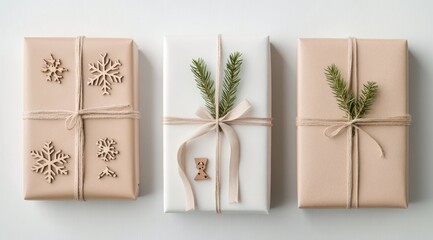 Wall Mural - Beautifully wrapped holiday gifts with elegant decorations and natural accents on a light background