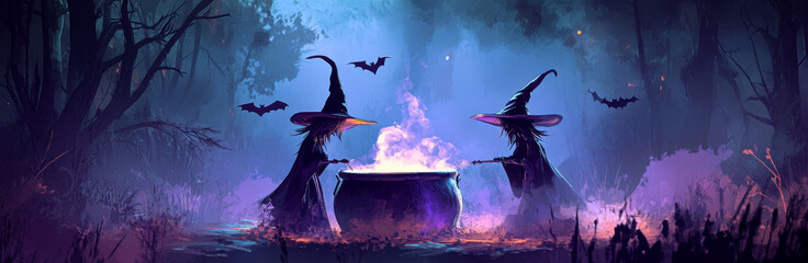 Witches stirring bubbling cauldron in mystical forest, surrounded by bats and fog, create an enchanting and eerie atmosphere. scene captures essence of magic and mystery