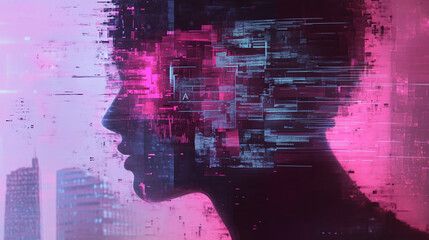 Silhouette Head Against Abstract Pixelated Background in Pink and Purple