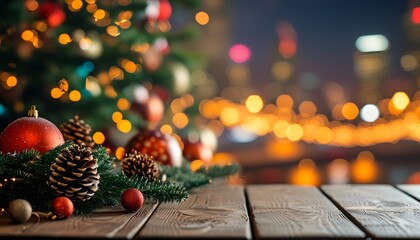 Wall Mural - Festive wooden table adorned with Christmas decorations, softly blurred city lights in the background, creating an inviting space for product presentation