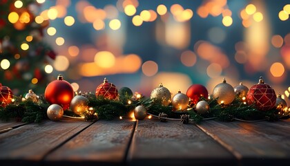 Wall Mural - Festive wooden table adorned with Christmas decorations, softly blurred city lights in the background, creating an inviting space for product presentation