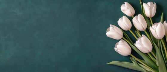 Fresh white tulips arranged elegantly on a dark green background in a minimalist style