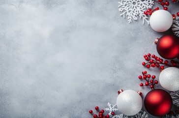 Festive Christmas decorations with red and white ornaments on a gray surface