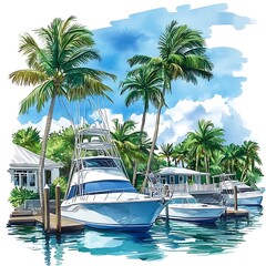 Wall Mural - Watercolor Illustration of a Boat Docked in a Tropical Paradise.