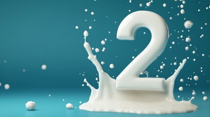 Splashing number two surrounded by milk droplets against a blue background