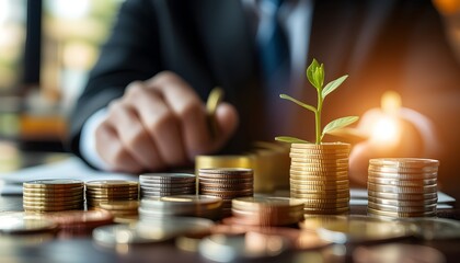 Wall Mural - Wealth management and investment strategies with coins and a businessmans hand representing financial growth and economic stability