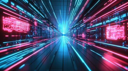 Futuristic digital background with bright neon lights and sleek tech design