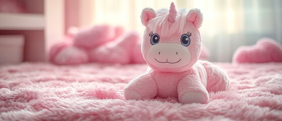 Plush unicorn toy on a pastel pink background, soft and whimsical, centered shot