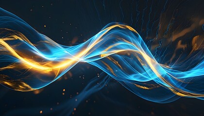 Dynamic abstract energy waves in blue and gold creating movement and power against a dark background