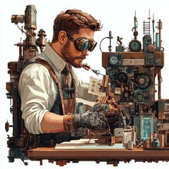 Illustration of a focused inventor works with intricate machinery in a creative workshop, blending innovation and craftsmanship in a steampunk style.