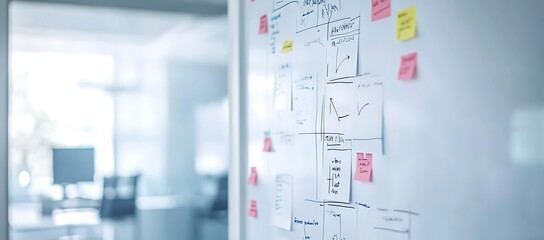 Poster - Whiteboard covered with colorful sticky notes and handwritten diagrams