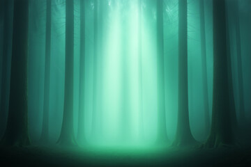 An ethereal beam of light piercing through a misty forest at dawn