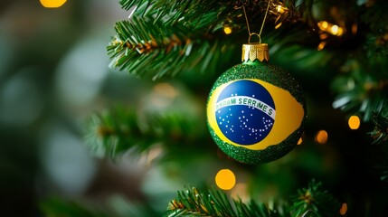 close-up photo of a christmas tree ornament with the brazilian flag, capturing the festive mood of the new year celebration with intricate details in high-resolution photography