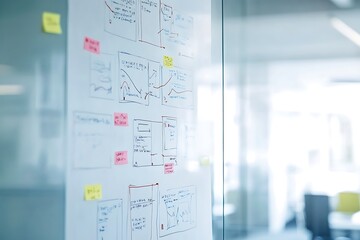 Poster - Glass Wall Covered in Hand-Drawn Charts and Sticky Notes