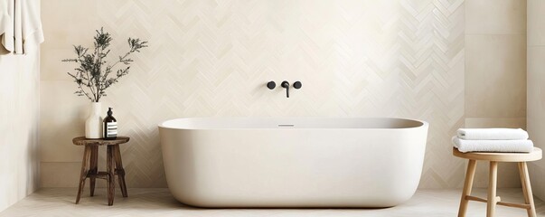 Beige herringbone tiles with clean lines in a minimalist bathroom, minimalist bathroom tiles, modern elegance