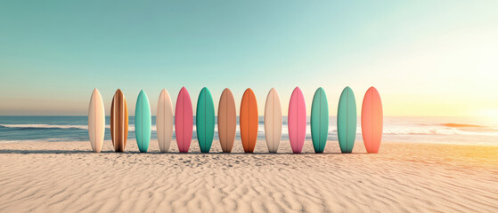 Wall Mural - A row of surfboards are lined up on a beach